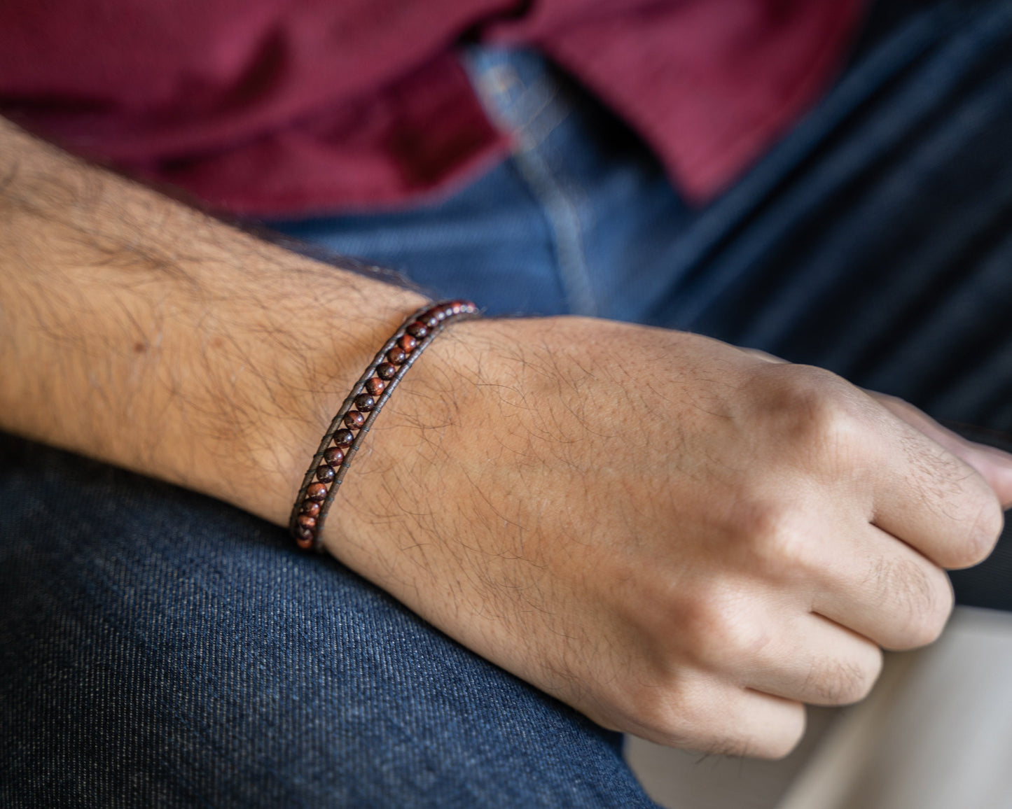 Bracelet wrap • Cuir & Oeil de Taureau (oeil de tigre rouge)