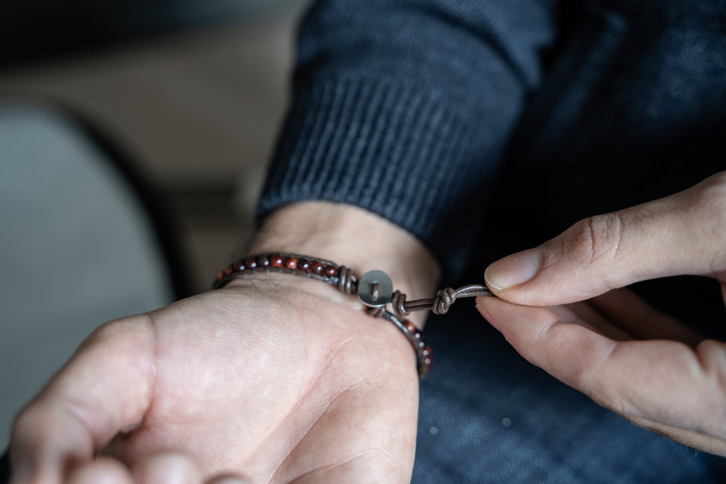 Bracelet wrap • Cuir & Oeil de Taureau (oeil de tigre rouge)