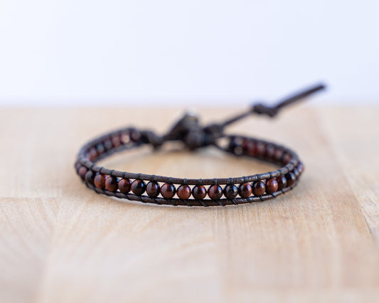 Bracelet wrap • Cuir & Oeil de Taureau (oeil de tigre rouge)