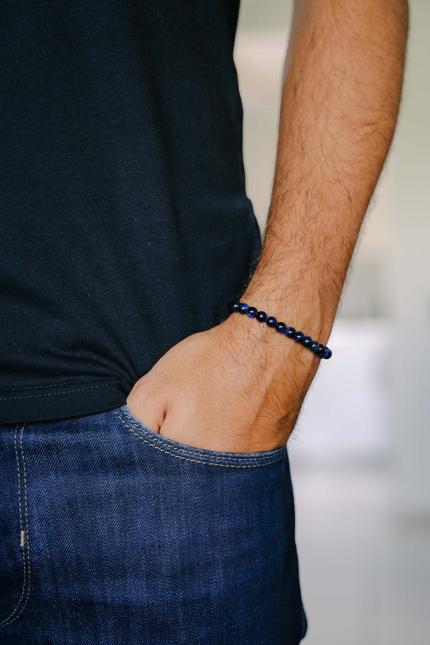 Bracelet 6mm • Oeil de Tigre Bleu & Hematite